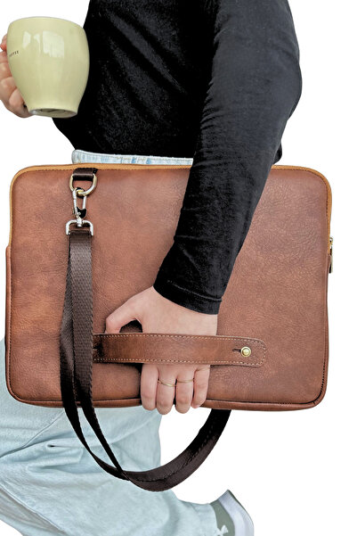 worken 13-14 بوصة، جلد نباتي، جيب بسحاب، حقيبة تابلت قهوة 35x25x2 سم بني