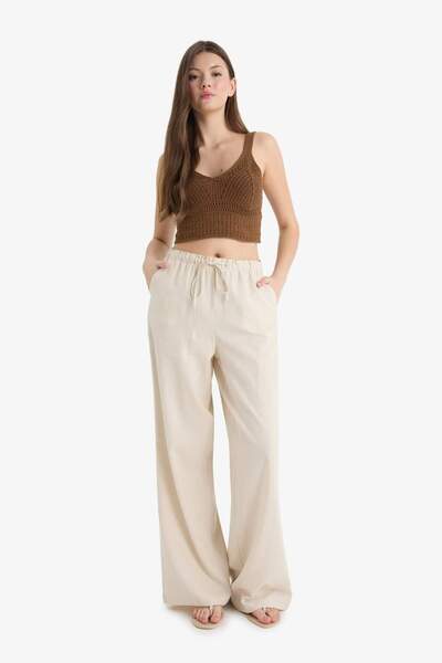 DeFacto Wide Leg Çift Cepli Beli Lastikli Standart Boy Keten Karışımlı Pantolon E1981AX25SM