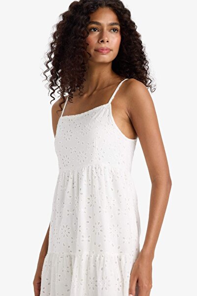 DeFacto Kare Yaka Terry Cotton Beyaz Askılı Midi Elbise F9270AX25SM