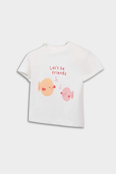 DeFacto Kız Bebek Yenidoğan Bisiklet Yaka Baskılı Penye 2'li Kısa Kollu Tişört E8246A525SM