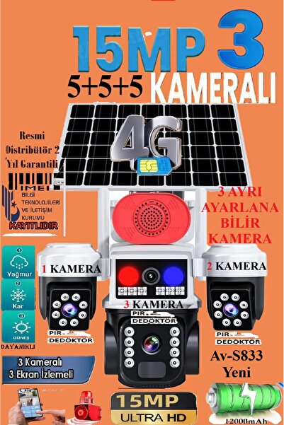 TR Charger Av-s833 Solar Güneş Enerjili Panelli 3 Kameralı 15mp 3 Lens 4g Sim Kart Polis Çakarlı 3 Pır Sensör