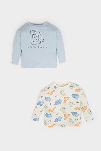 DeFacto Baby Boy Newborn Dinosaur Printed Combed Cotton 2-Pack Long Sleeve T-Shirt F0124A525Au