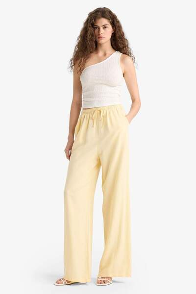 DeFacto Keten Karışımlı Palazzo Pantolon Wide Leg Geniş Bol Paça Üç Cepli Normal Bel Basic Düz Standart Boy