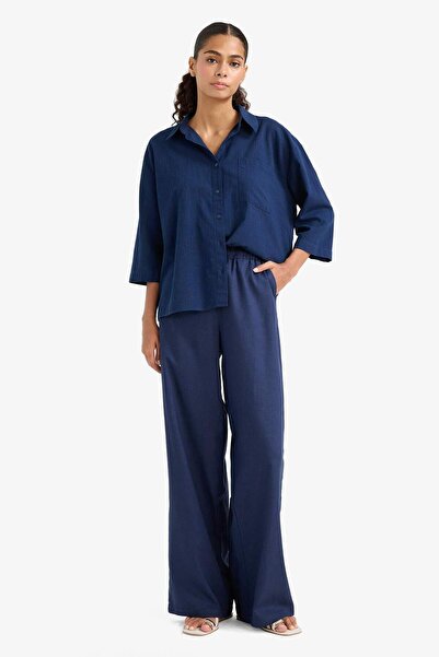 DeFacto Wide Leg Çift Cepli Beli Lastikli Standart Boy Keten Karışımlı Pantolon E1981AX25SM