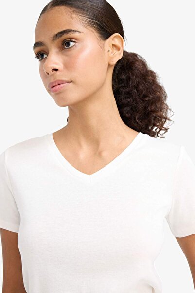 DeFacto Slim Fit, schmal geschnittenes Basic-T-Shirt mit V-Ausschnitt und geradem Rippstrick und kurzen Ärmeln I1080AZ25AU