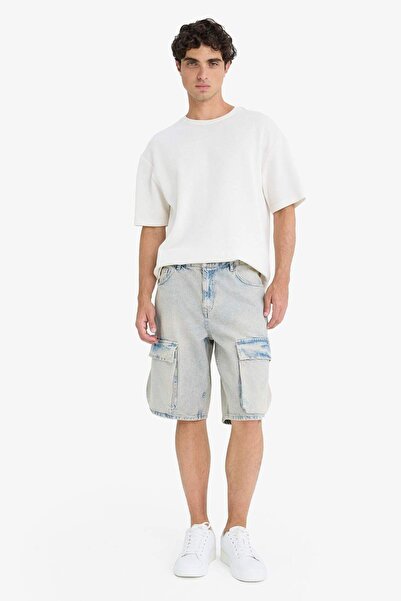 DeFacto %100 Pamuk Baggy Fit Kargo Cepli Jean Bermuda Şort F5022AX25SM