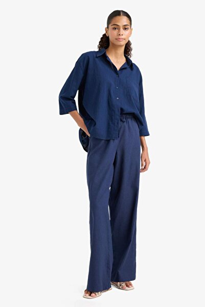 DeFacto Wide Leg Çift Cepli Beli Lastikli Standart Boy Keten Karışımlı Pantolon E1981AX25SM