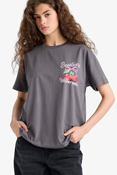 DeFacto Oversize Wide Fit Crew Neck Fruit Back Printed Short Sleeve T-Shirt F6398Ax25Sm