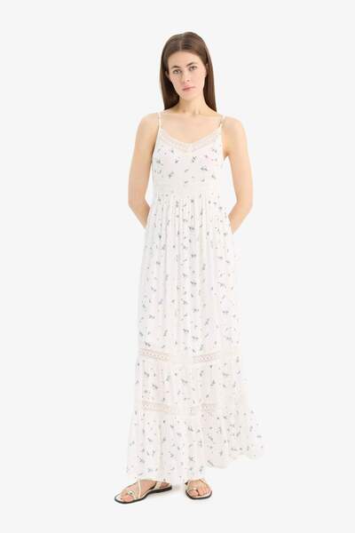DeFacto A-Line Lace V-Neck Floral Crinkle Fabric Strap Maxi Dress E6069Ax25Sm