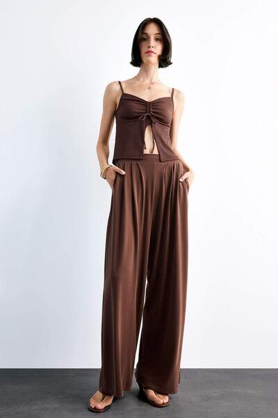 DeFacto Beli Lastikli Geniş Paça Modal Pantolon F8507AX25SM