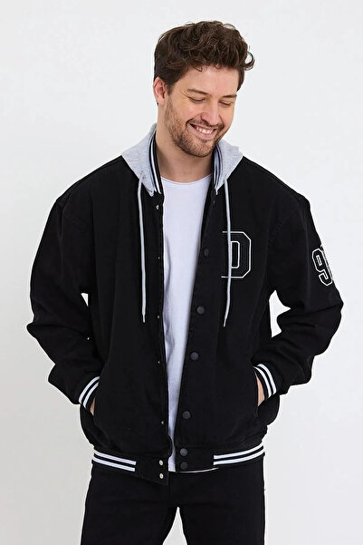 DAMGA JEANS Erkek Mevsimlik Rahat Ve Şık Kapşonlu Siyah Kot Kolej Ceket