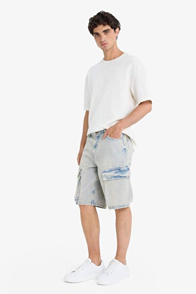 DeFacto %100 Pamuk Baggy Fit Kargo Cepli Jean Bermuda Şort F5022AX25SM