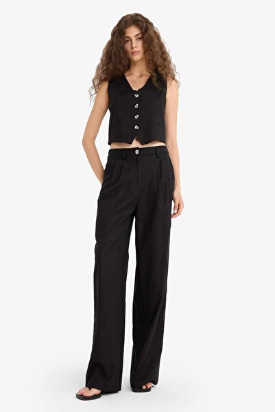 DeFacto Wide Leg Double Pocket High Waist Standard Length Linen Blend Pants E1986Ax25Sm