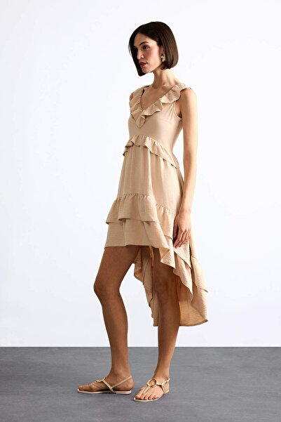 DeFacto V Yaka Volanlı Asimetrik Kolsuz Midi Elbise F8210AX25SM