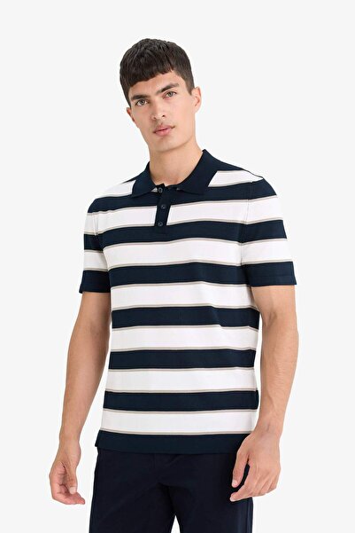 DeFacto Стандартна фіт-футболка з поло-комірцем, смугаста, з короткими рукавами, трикотажна E5439AX25SP