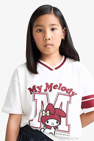 DeFacto Κοριτσίστικο Hello Kitty Oversize Φαρδύ Σχολικό μπλουζάκι με λαιμόκοψη V με κοντό μανίκι F7040A825AU