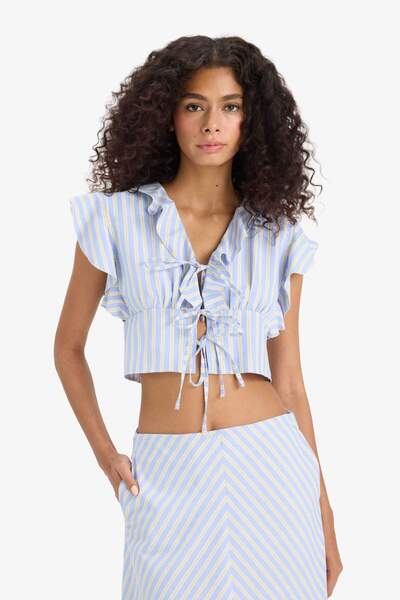 DeFacto Slim Fit Dar Kesim V Yaka Çizgili Önden Bağlamalı Poplin Kolsuz Bluz F6058AX25SM