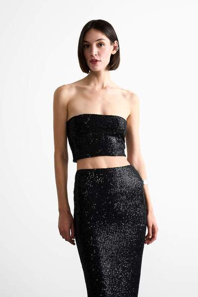 DeFacto Crop Sequined Black Strapless Blouse F8418Ax25Sm
