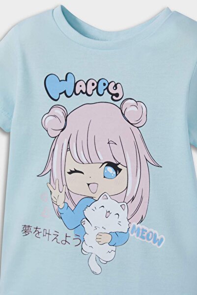 DeFacto Kız Bebek Pijama Takımı Anime Baskılı Kısa Kollu Penye Üst Beli Lastikli Şort E1554A525HS