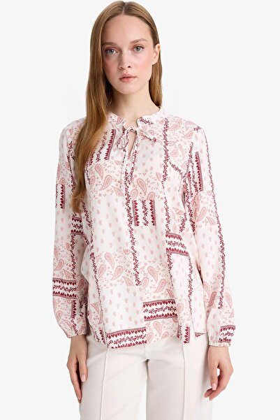 DeFacto Regular Fit Desenli Apaş Yaka Uzun Kollu Bluz N1809AZ25SP