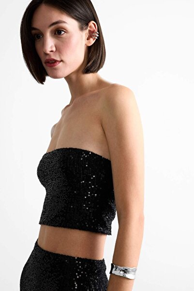 DeFacto Crop Sequined Black Strapless Blouse F8418Ax25Sm