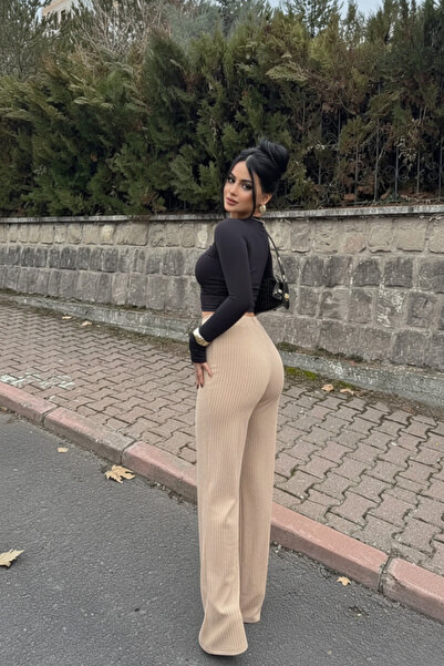 Siner Fashion Kadın Bej Fitilli Bol Paça Rahat Günlük Pantolon