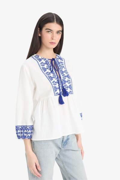 DeFacto Regular Fit Bisiklet Yaka Keten Görünümlü Uzun Kollu Bluz E6527AX25SM