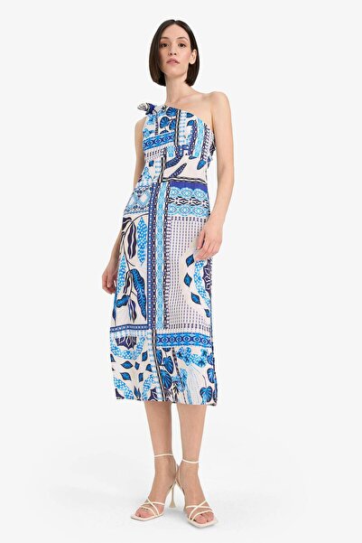 DeFacto Rochie de plajă din poplin cu un singur umăr cu imprimeu tropical cu croiala normală-Fall in Love F6296AX25HS