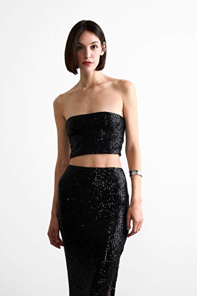 DeFacto Crop Sequined Black Strapless Blouse F8418Ax25Sm