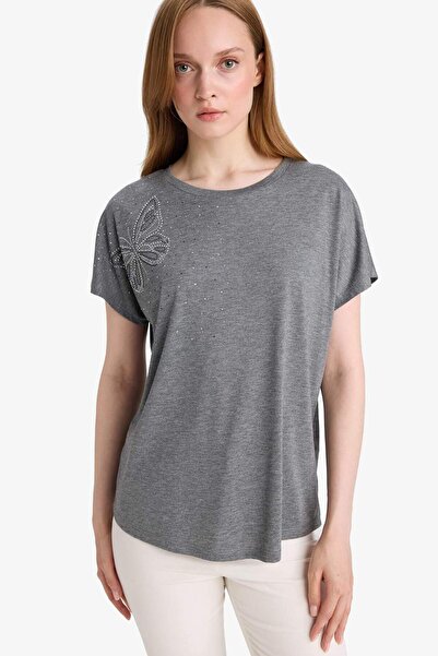 DeFacto Crew Neck Stone Printed Short Sleeve T-Shirt E9333Ax25Sm