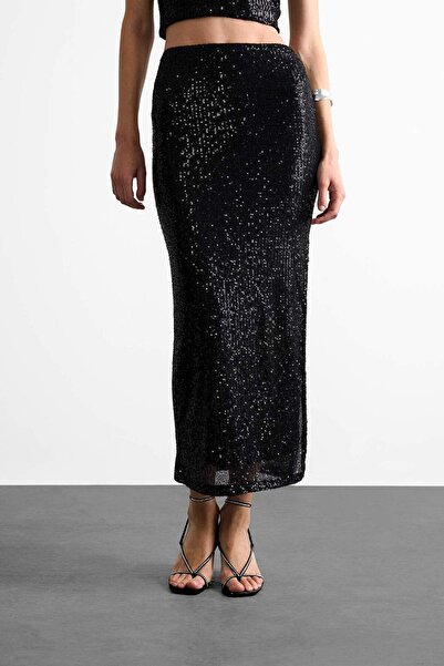 DeFacto Slim Fit Dar Kesim Payetli Yırtmaçlı Midi Etek F8417AX25SM