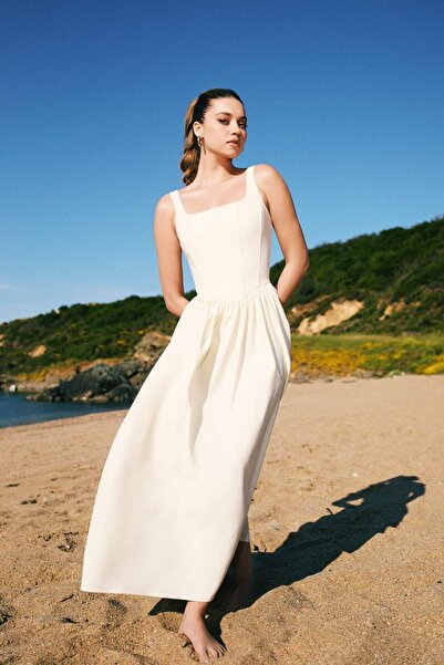 DeFacto Afra x DeFacto Kare Yaka Askılı Midi Elbise F7238AX25SM