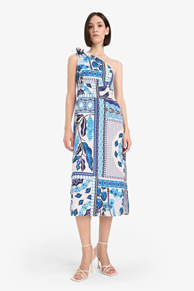 DeFacto Rochie de plajă din poplin cu un singur umăr cu imprimeu tropical cu croiala normală-Fall in Love F6296AX25HS