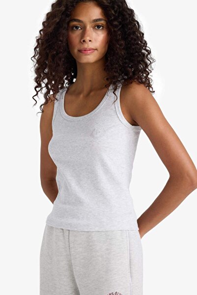 DeFacto Regular Fit Yuvarlak Yaka Kolsuz Ribana Pijama Üstü-Fall in Love F0110AX25SM