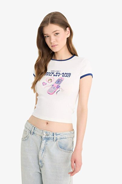 DeFacto Tricou cu mânecă scurtă cu nervuri imprimate cu decolteu rochie Coool F4792AX25SM