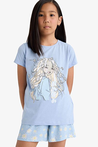DeFacto Kız Çocuk Pijama Takımı Baskılı Kısa Kollu Üst Beli Lastikli Şort E0664A825HS