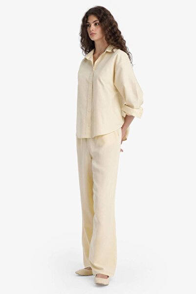 DeFacto Wide Leg Cepli Yüksek Bel Standart Boy Keten Karışımlı Pantolon F5024AX25SP