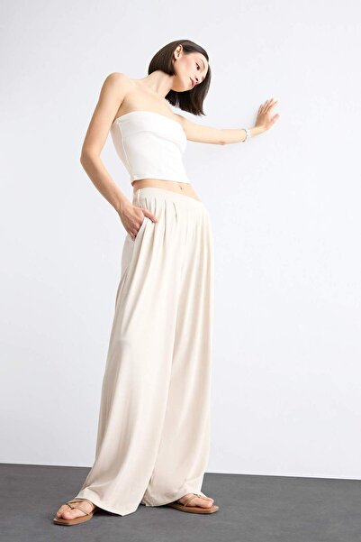 DeFacto Beli Lastikli Geniş Paça Modal Pantolon F8507AX25SM