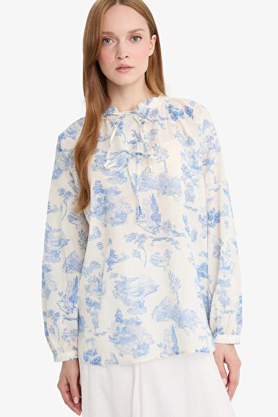 DeFacto Relax Fit Çiçek Desenli Vual Uzun Kollu Gömlek Tunik F4558AX25HS