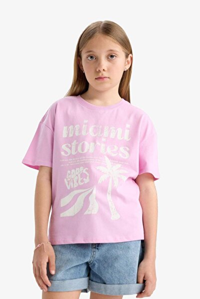 DeFacto Bedrucktes 2-teiliges Kurzarm-T-Shirt mit Rundhalsausschnitt und entspannter Passform für Mädchen D9429A825SM