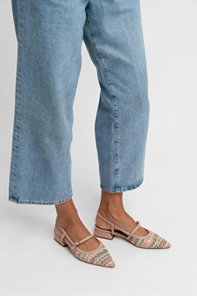 NİŞANTAŞI SHOES X-Harmony Straw Color Belt Detail Pointed Toe Short Heeled Women's Ballerinas
