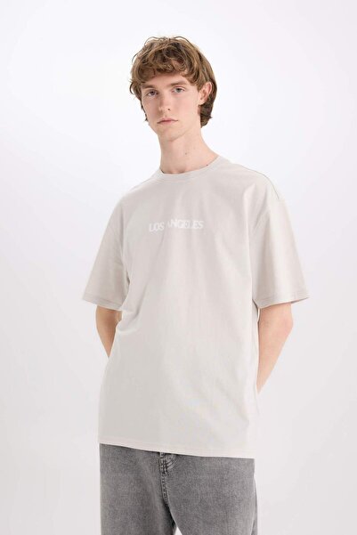 DeFacto %100 Pamuk Boxy Fit Bisiklet Yaka Baskılı Kısa Kollu Tişört E3796AX25SM