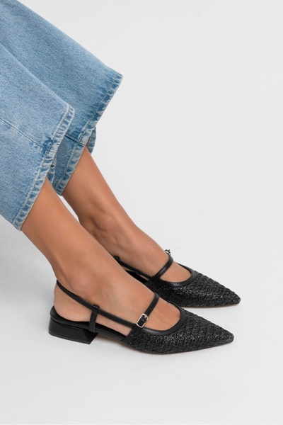 NİŞANTAŞI SHOES X-Harmony Straw Black Belt Detail Pointed Toe Short Heeled Women's Ballerinas