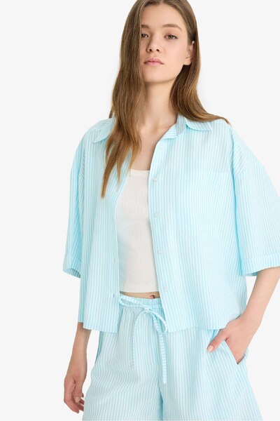 DeFacto Coool Oversize Geniş Kalıp Keten Karışımlı Kısa Kollu Gömlek F2763AX25SM