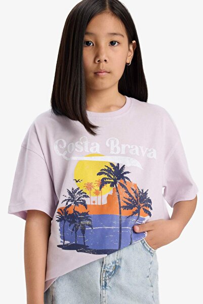 DeFacto Bedrucktes Kurzarm-T-Shirt für Mädchen in Übergröße mit weitem Schnitt und Rundhalsausschnitt E0386A825SM