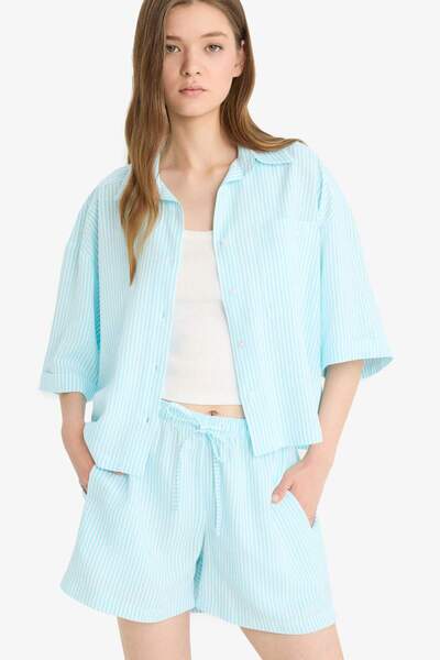 DeFacto Coool Oversize Geniş Kalıp Keten Karışımlı Kısa Kollu Gömlek F2763AX25SM