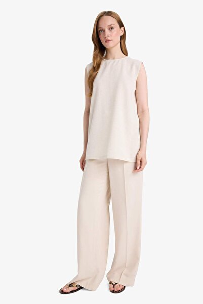 DeFacto Regular Fit Crew Neck Basic Plain Linen Blend Sleeveless Tunic D2953Ax25Sm