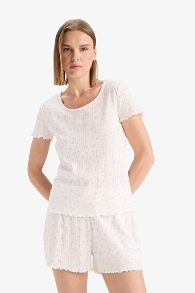 DeFacto Regular Fit Pijama Takımı Kısa Kollu Üst Beli Lastikli Şort-Fall in Love E4335AX25SP