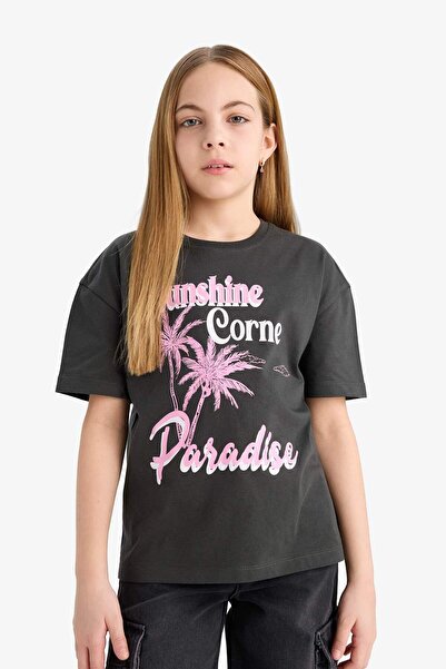 DeFacto Girl's Relax Fit Crew Neck Printed Short Sleeve T-Shirt E0355A825Sm