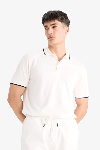 DeFacto Regular Fit Polo-Kragen Kurzarm Strukturiertes Weißes Piqué-T-Shirt E2621AX25SM